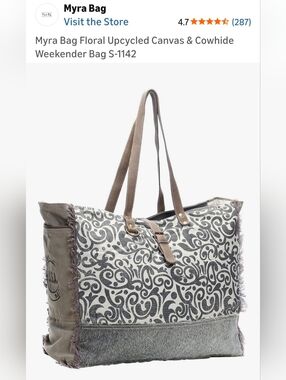 Myra Bag Grey Floral Upcycled Canvas & Cowhide Tote